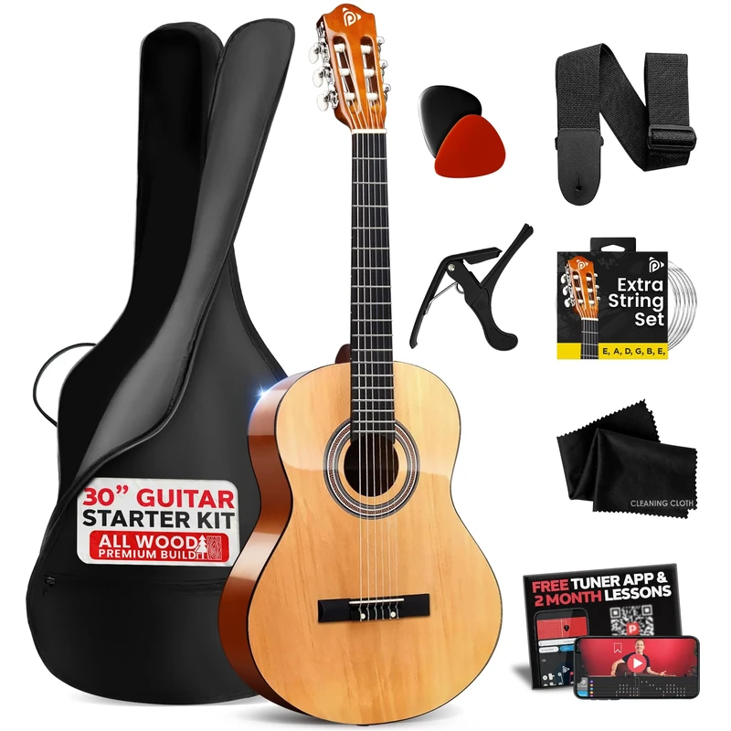 Pyle Beginner Acoustic Guitar, Junior Size 76 cm, All Wood Build Nylon String with Capo Strap, Extra String Set, and Gig Bag Acoustic, For Kids Adults Youth Classical Kit Natural Gloss