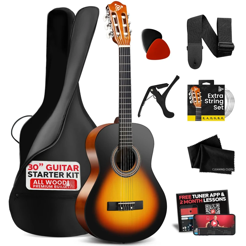 Pyle Beginner Acoustic Guitar, Junior Size 76 cm, All Wood Build Nylon String with Capo Strap, Extra String Set, and Gig Bag Acoustic, For Kids Adults Youth Classical Kit Sunburst Teardrop Gloss