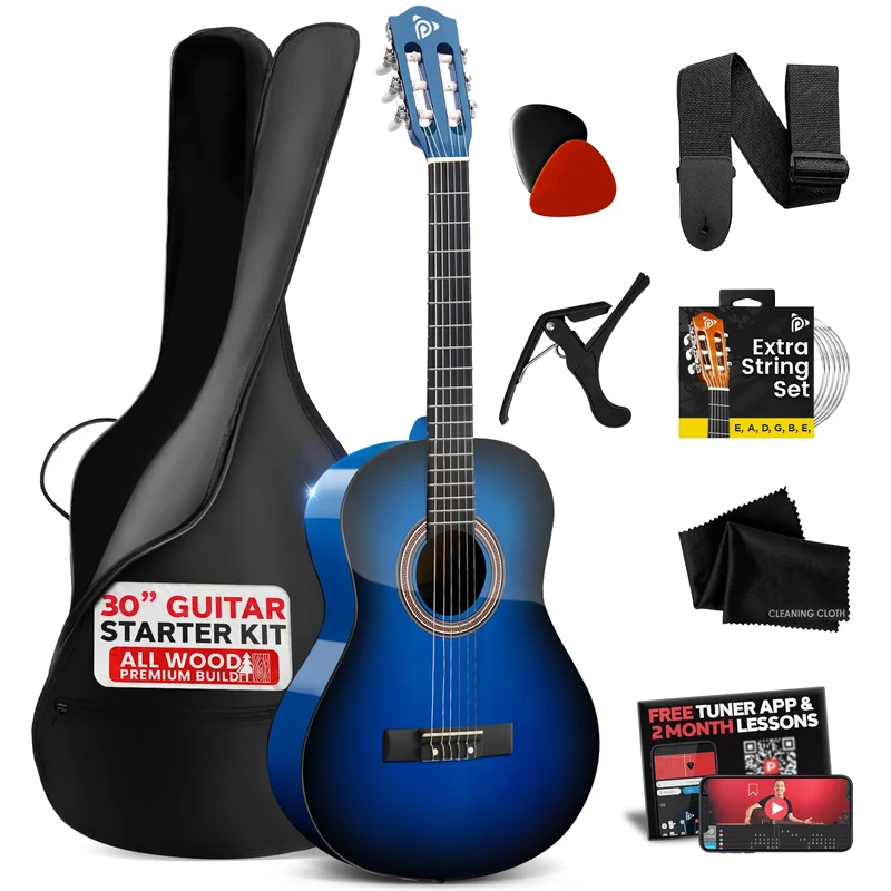 Pyle Beginner Acoustic Guitar, Junior Size 76 cm, All Wood Build Nylon String with Capo Strap, Extra String Set, and Gig Bag Acoustic, For Kids Adults Youth Classical Kit Blue Burst Gloss