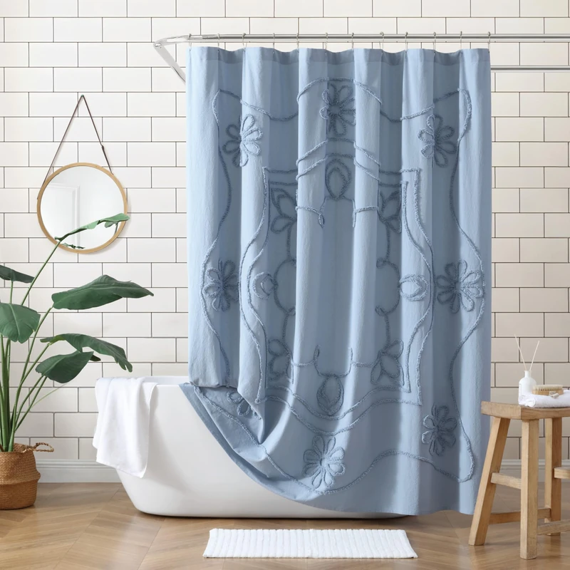 Peri Home 100% Cotton Fabric Shower Curtain for Bathroom, 72 x 72 inches, Blue Retro Scroll