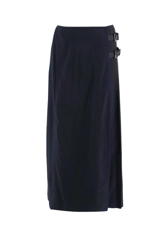 Prada Pre-Loved Navy and Black Pleated Midi Skirt with Buckle Detail