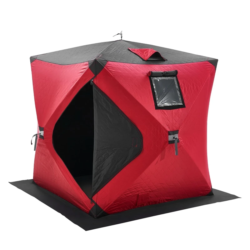 VEVOR Portable Ice Shelter, 1-2 Person Insulated Pop-Up Ice Fishing Tent, 24 Square Feet Fishable Area, Thermal Ice Shanty for Winter Fishing, Ice Cube with Anchors, Ropes, Carrying Bag, 60"x60", Red