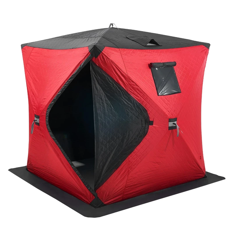 VEVOR Portable Ice Shelter, 3-4 Person Insulated Pop-Up Ice Fishing Tent, 35 Square Feet Fishable Area, Thermal Ice Shanty for Winter Fishing, Ice Cube with Anchors, Ropes, Carrying Bag, 71"x71", Red