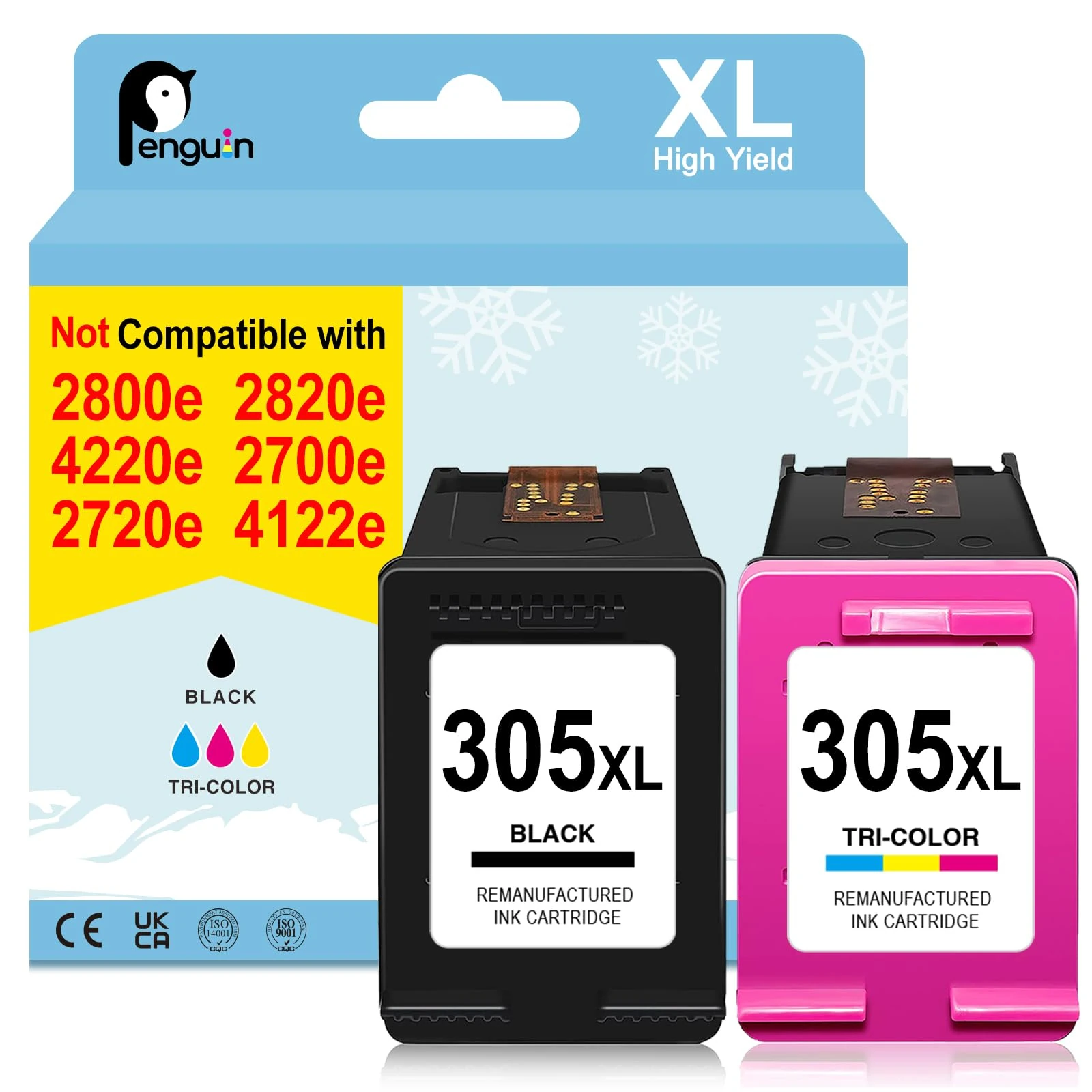 Penguin 305XL Ink Cartridges Black and Colour Replacement for HP Envy 6000e 6032e 6020e 6022e Envy Pro 6432 6452 6452 DeskJet 1210 1212 1215 305 XL Printer Ink for HP 305 Cartridges