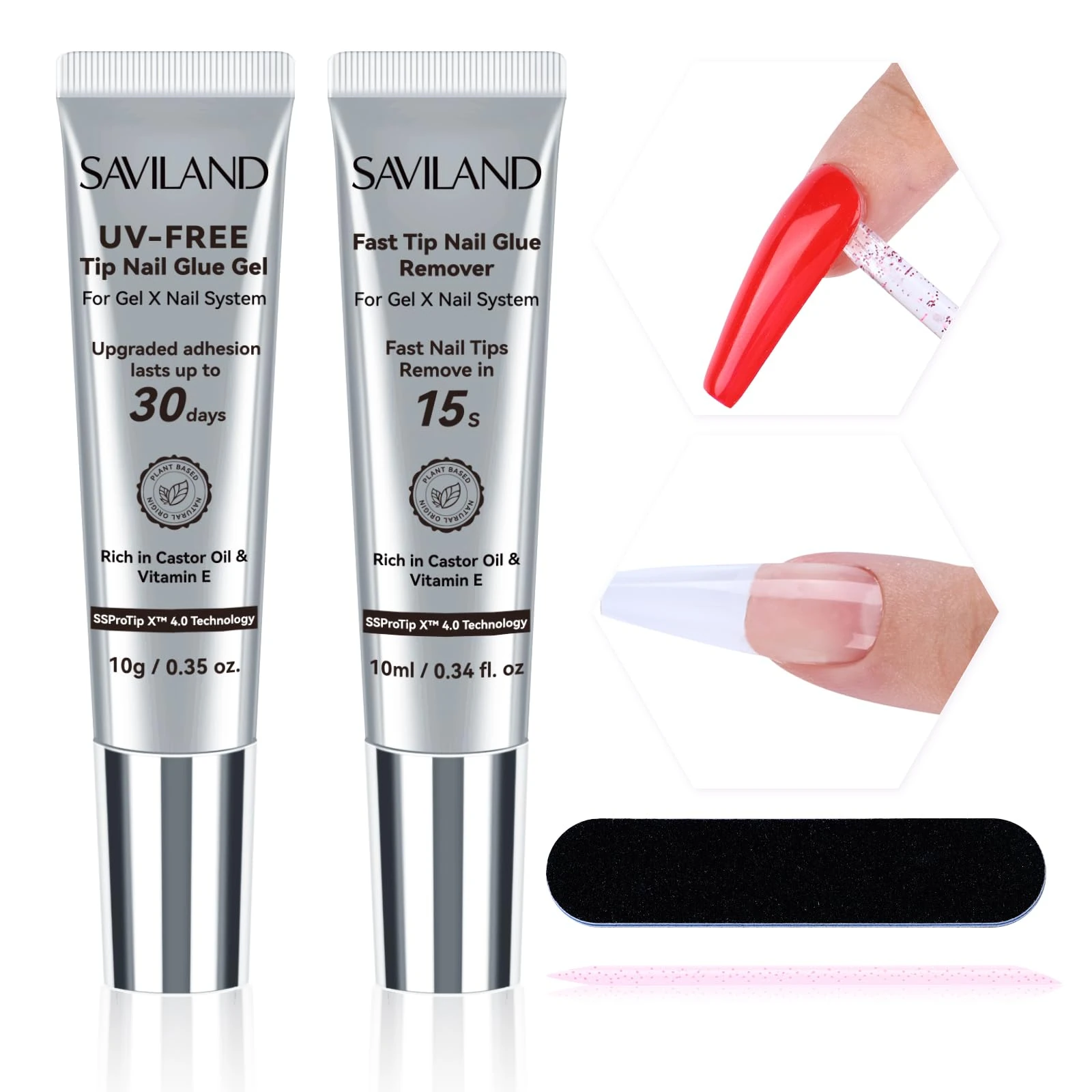 SAVILAND No Curing Nail Glue Gel with Remover: 30-Day Long Lasting Solid Nail Glue for Press On Nails Strong Gel Glue 15s Fast Nail Remover for False Nails Art Tools Home, No Need U V Lamp