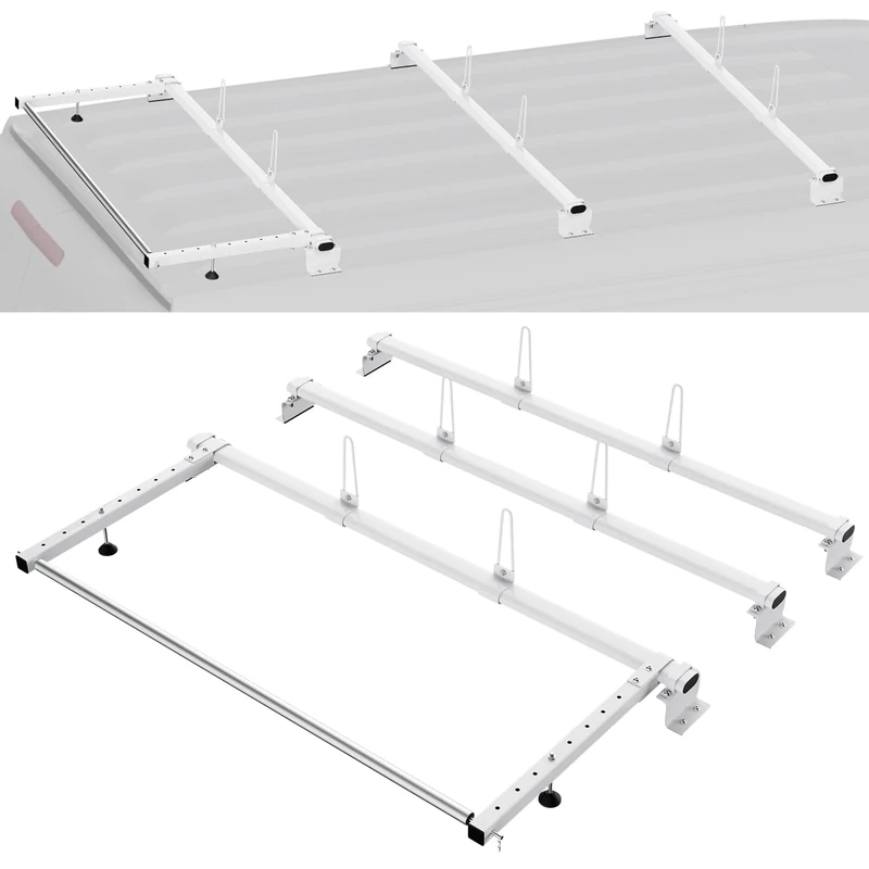 VEVOR Trailer Ladder Rack, 56" 3 Crossbars Ladder Roof Rack, Heavy-duty Steel Van Roof Ladder Rack, 90 kg Capacity Each Bar Van Ladder Rack with Cargo Roller, Fit for Ford Transit Custom 2013-2024 - Image 1