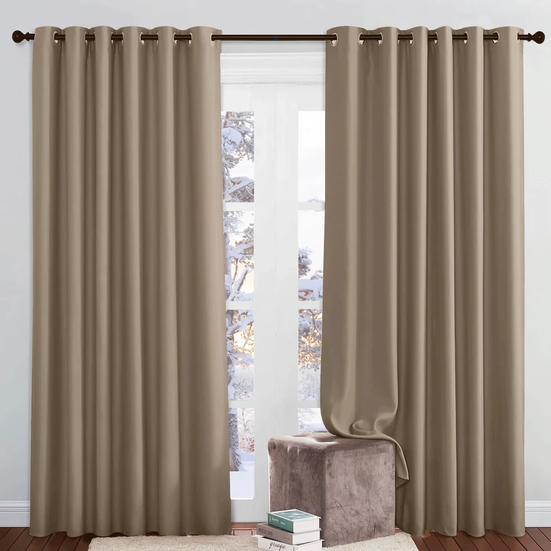 PONY DANCE Extra Wide Mocha Blackout Curtains for Bedroom Living Room Thermal Insulated Black Out Curtains Eyelet for Hotel/Lounge Drapes, 2 Panels, W90 x L84 Inch