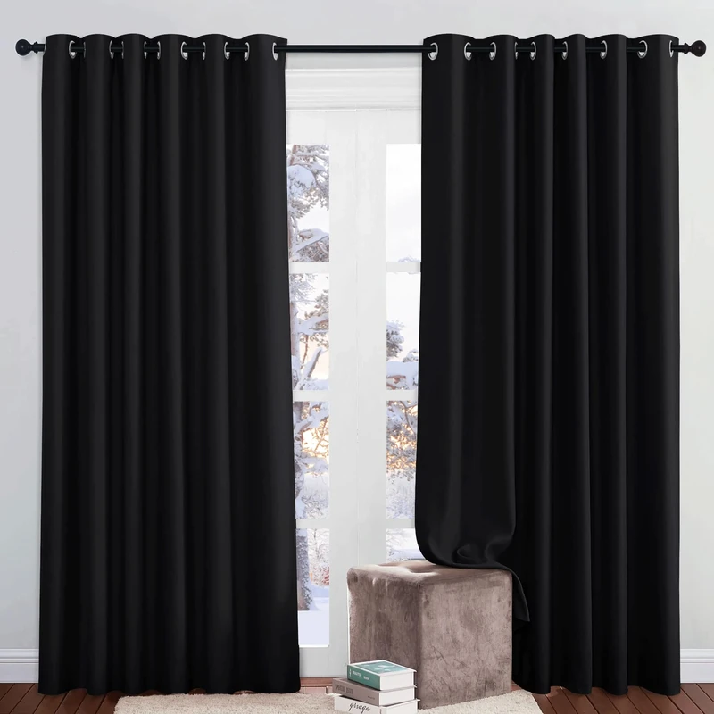 PONY DANCE Extra Wide Black Out Curtains for Living Room Thermal Insulated Blackout Curtains Room Divider Drapes Eyelet for Bedroom/Hotel Lounge, 2 Panels, W90 x L84 Inch, Black