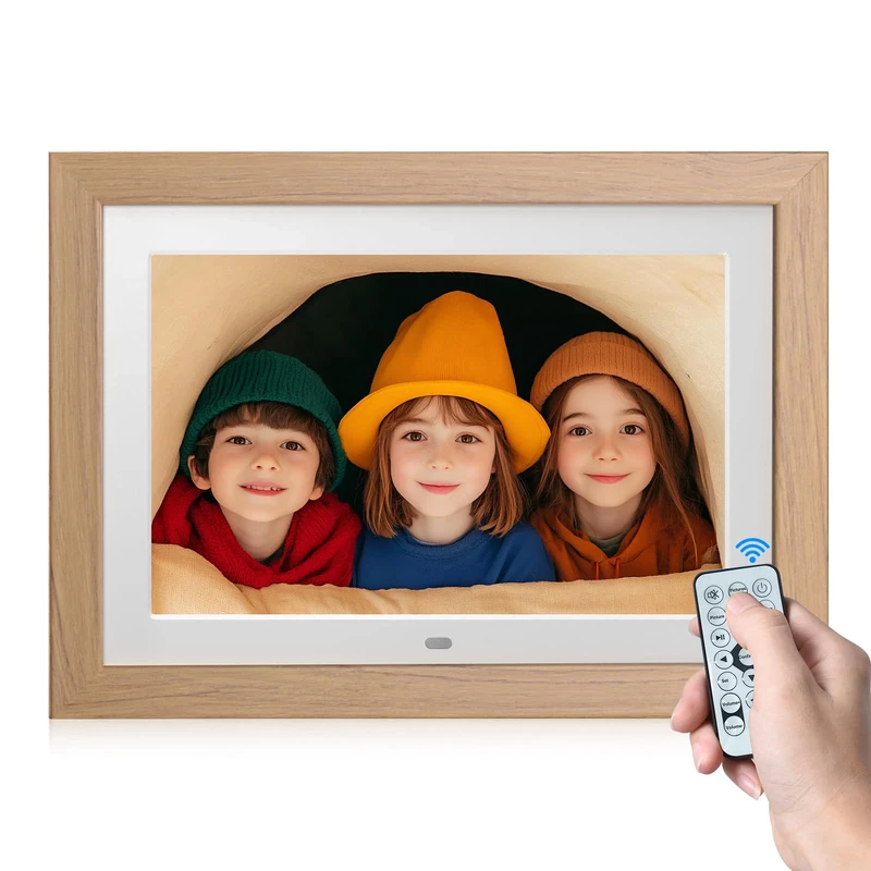 10.1 inch Digital Photo Frame with Remote Control, 1280x800 IPS Full View Ultra Clear Screen, Removable Wooden Frame, Share Videos, Photos, Send Wishes, Rotate