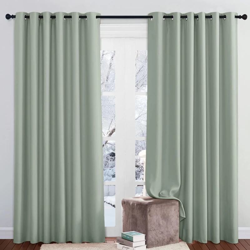 PONY DANCE Extra Wide Sage Blackout Curtains for Living Room Thermal Insulated Black Out Curtains Eyelet for Bedroom/Hotel/Lounge Drapes, 2 Panels, W90 x L84 Inch, Sage Green