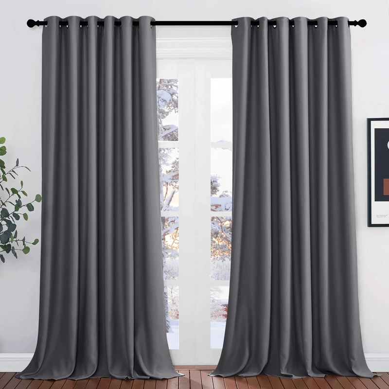 PONY DANCE Divider Blackout Thermal Curtains Extra Wide for Living Room Bedroom Eyelet Black Out Drapes for Window Energy Saving Curtains & Drapes for Bedroom, W90 X L108, Grey