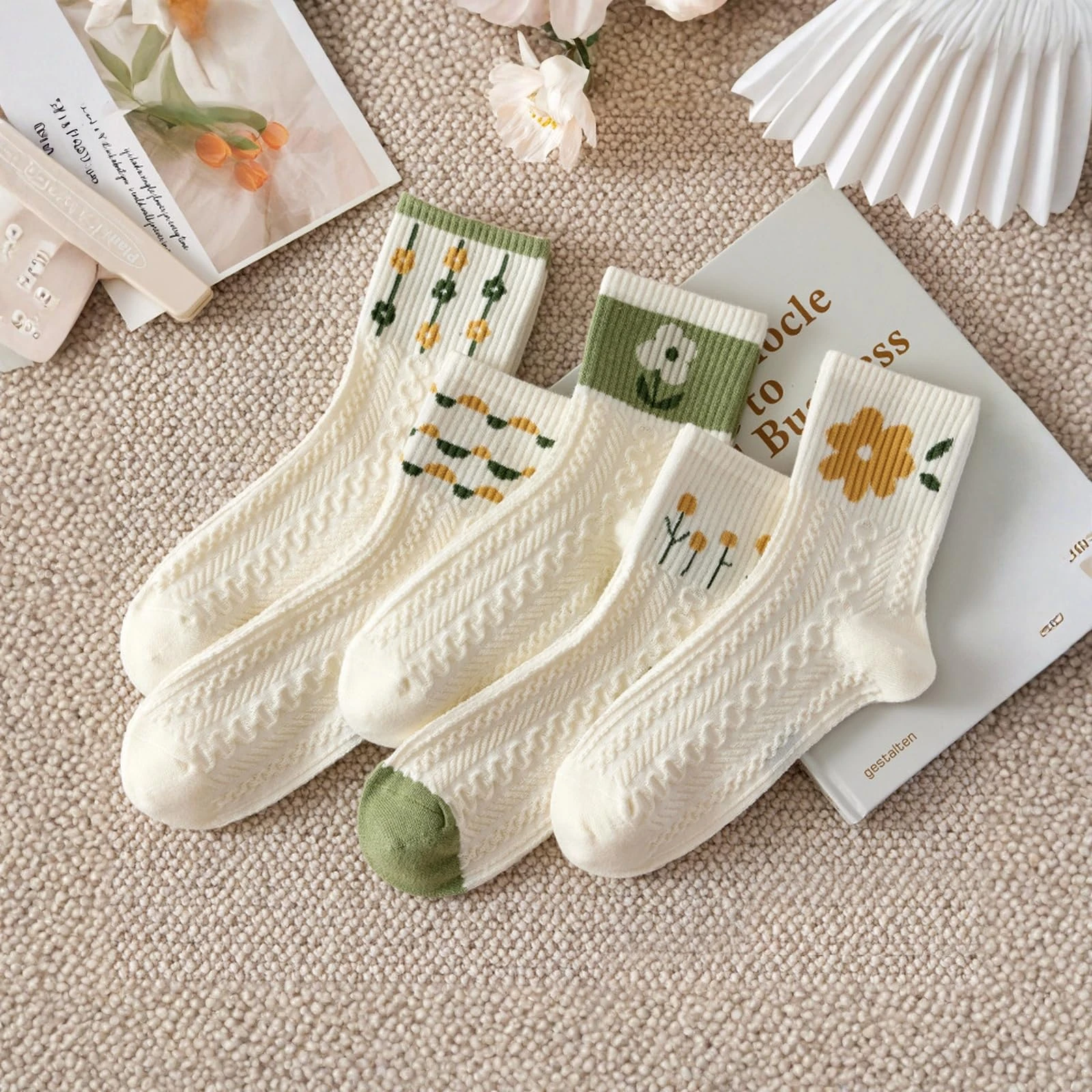 5 Pairs Womens Ankle Socks Cute Casual Breathable Cable Knit Floral Vintage Crew Socks, 5 Pairs-multicolored, One size