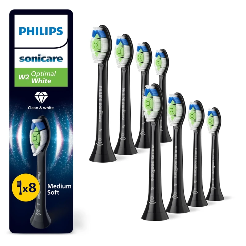 Philips Sonicare W2 Optimal White, Genuine Replacement Toothbrush Heads, Black, 8 Pack, HX6068/88