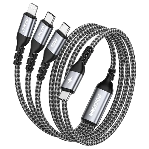 [100W] NINGKPOW 3-in-1 Charging Cable, 3.9 ft (1.2 m), Multi Charging Cable, Type c, PD, 100W, Rapid Charging, 3-in-1 Charging Cord, Can Charge 3 Devices Simultaneously, Type c Charging Cable (100 W),