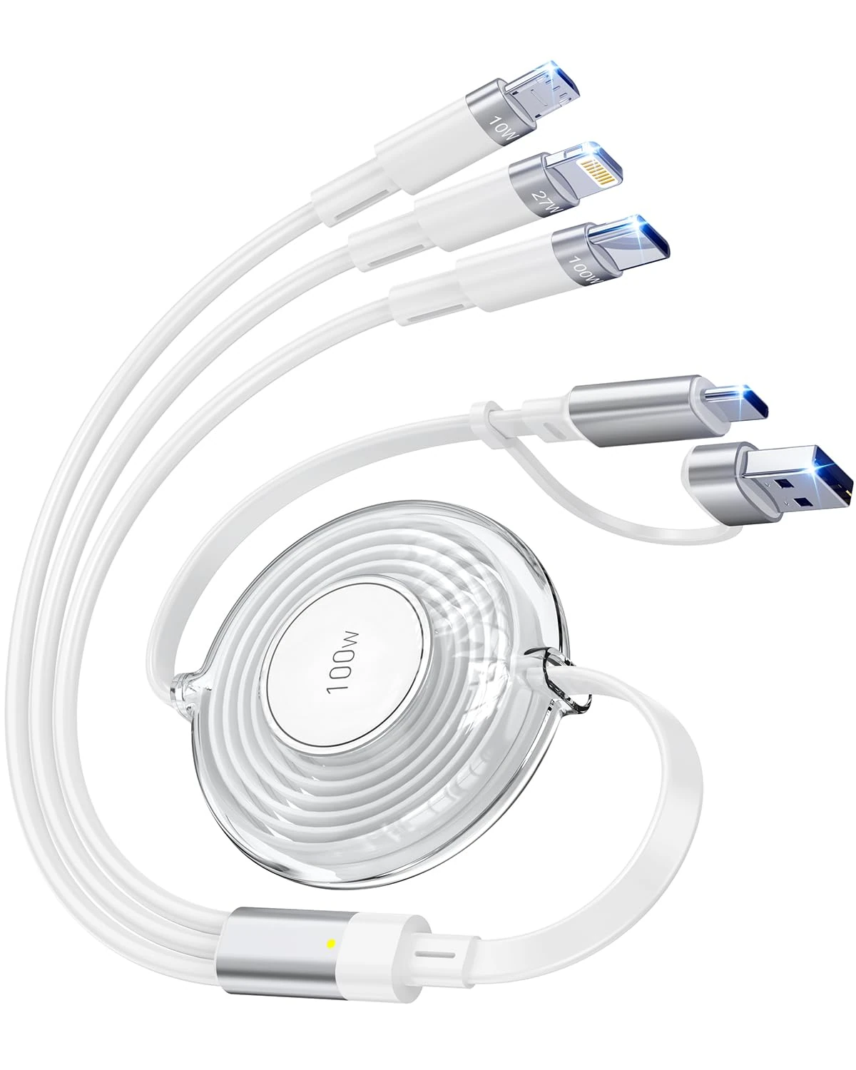 100W 5-in-1 Retractable Charging Cable, Lightn-ing/Micro USB/Type C Multi Charger Cord for iPhones, iPads, MacBook, Tablets, Galaxy, Note & More - 4Ft/1.2M 5A Fast Charging, Durable & Portable, White