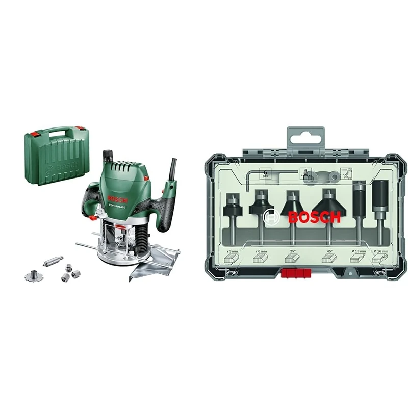 Bosch Router POF 1400 ACE (1400 watts, in case) + 6 pcs. Trim & Edging Router Bit Set (for Wood, Ø 6 mm Shank, Accessory Router)