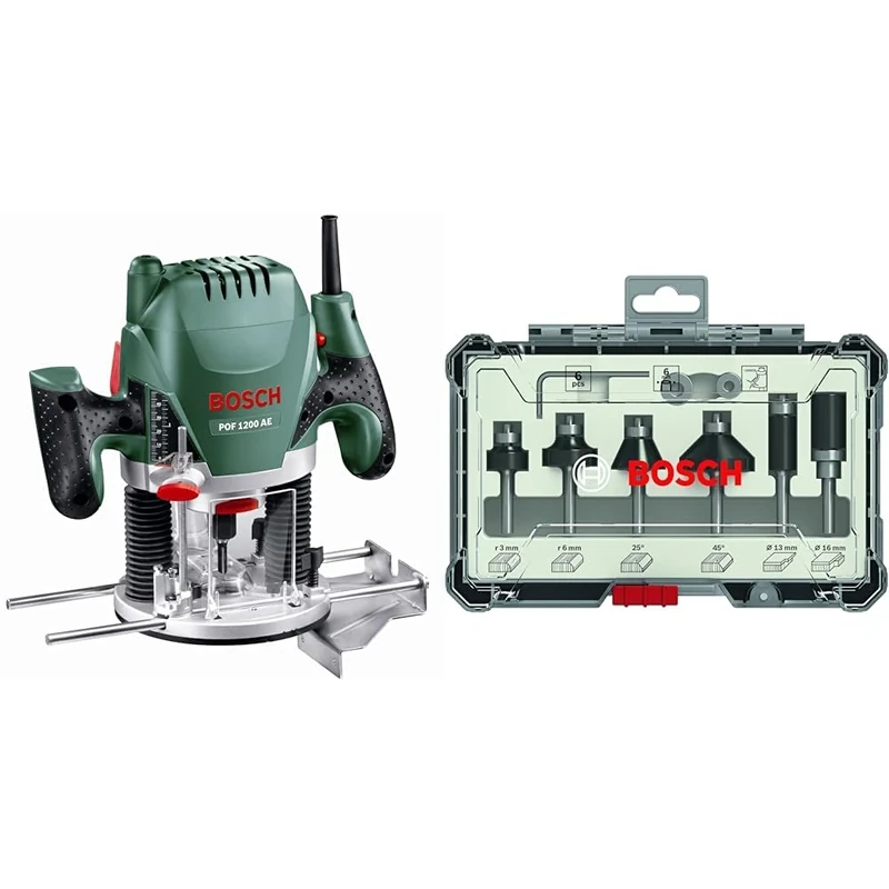 Bosch Home and Garden Router POF 1200 AE (1200 W, in Carton Packaging) + 6 pcs. Trim & Edging Router Bit Set (for Wood, Ø 6 mm Shank, Accessory Router)