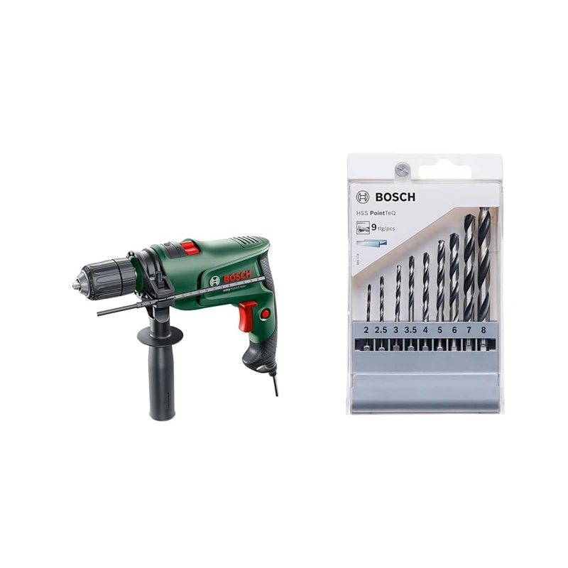 Bosch Electric Combi Drill EasyImpact 600 (600 W, in Carrying Case) + 9pc PointTeQ Hex Drill Bit Set (for Metal, Ø: 2-8 mm, Total Length: 60-117 mm, ¼’’ Hex Shank, Accessory)