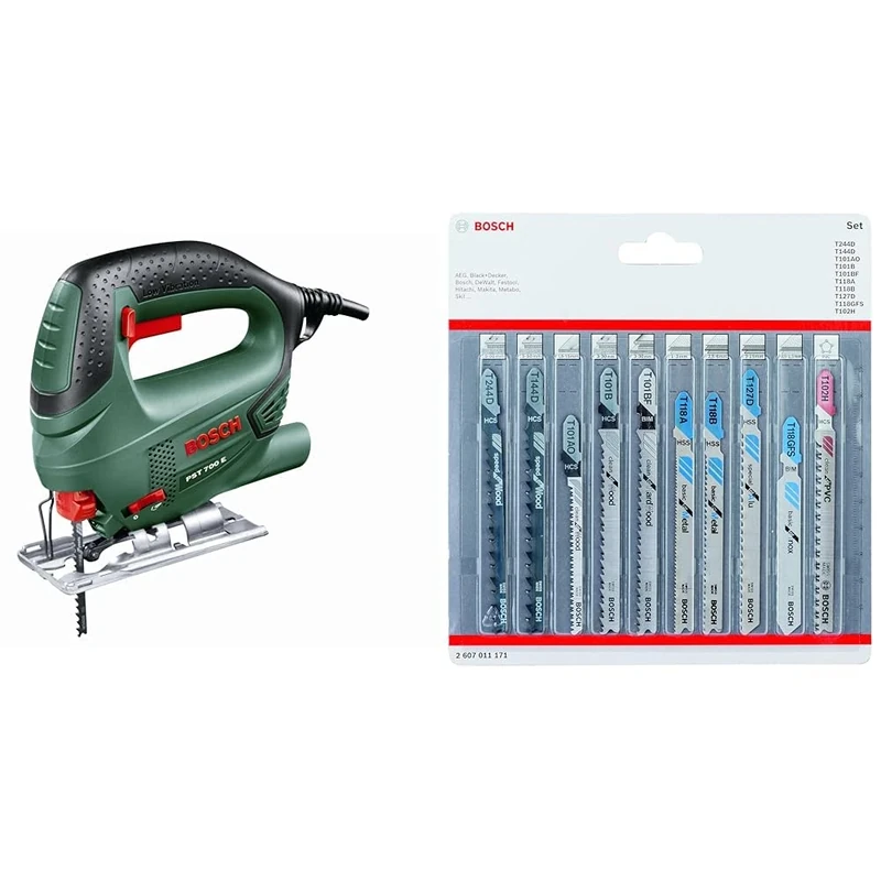 Bosch Jigsaw PST 700 E (500 W, 1x Saw Blade, in Carrying Case) + 10-Piece Set Jigsaw Blades (for Wood & Metal, T-Shank Mounting)