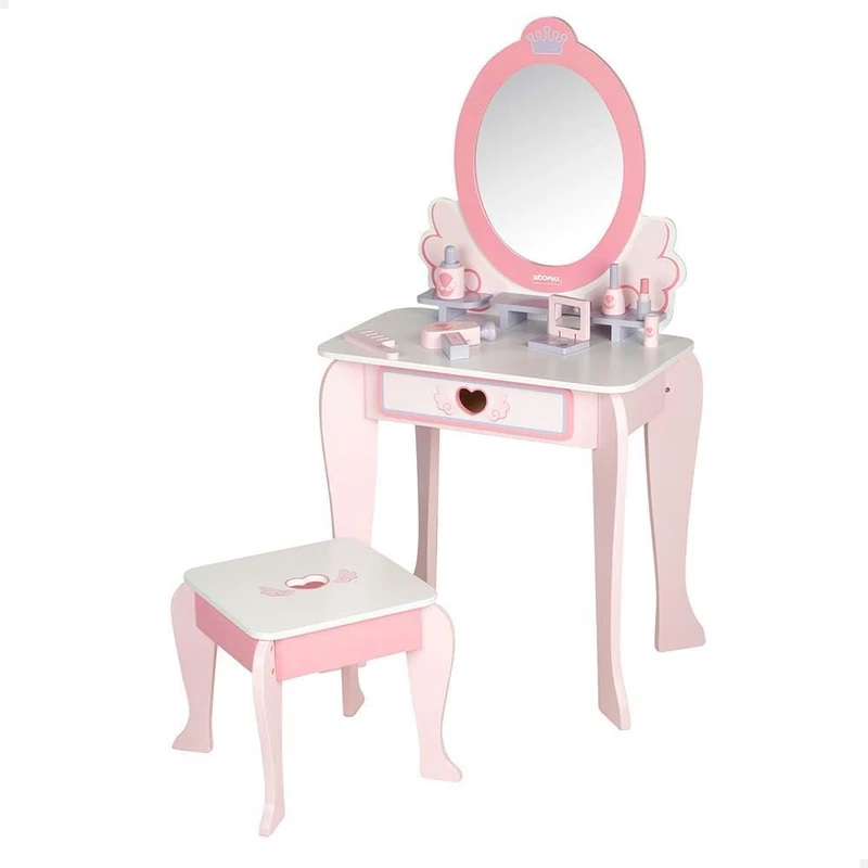 WOOMAX Makeup Vanity for Girls with Stool Wood and Plexiglass Mirror, 50 x 34 x 92 cm, Pastel Colours, Children's Dressers, Interactive Accessories, Toys Children 3 Years (33047)