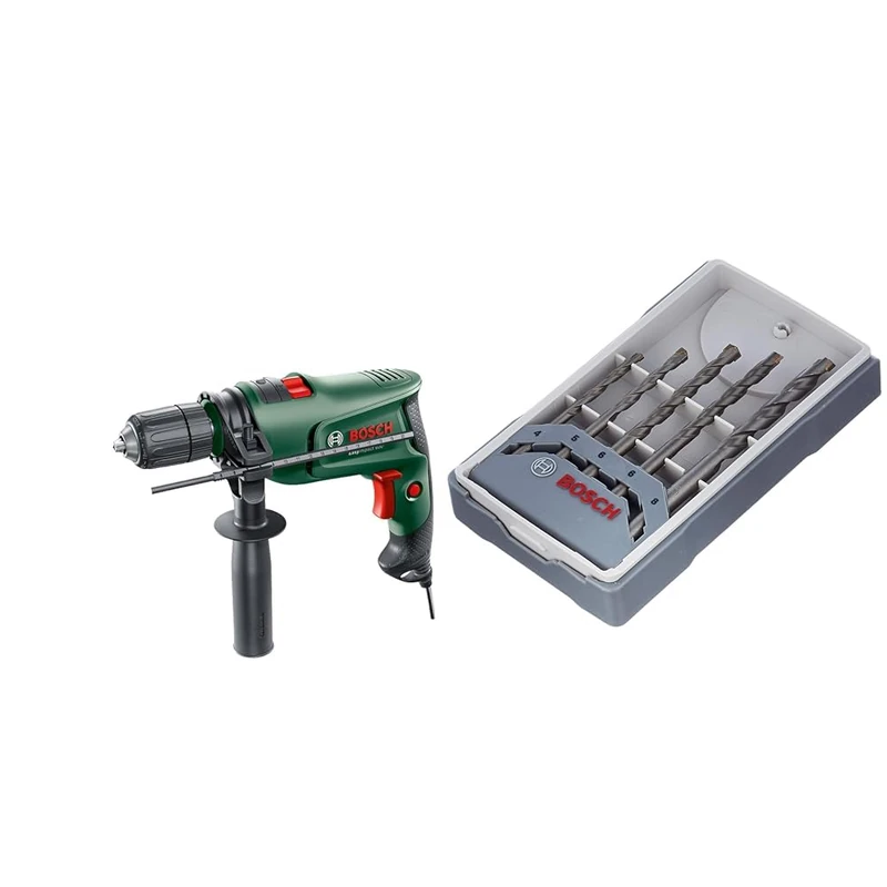 Bosch Electric Combi Drill EasyImpact 600 (600 W, in Carrying Case) + CYL-3 Concrete Drill Bit Set, Silver Percussion 4-8mm, Grey
