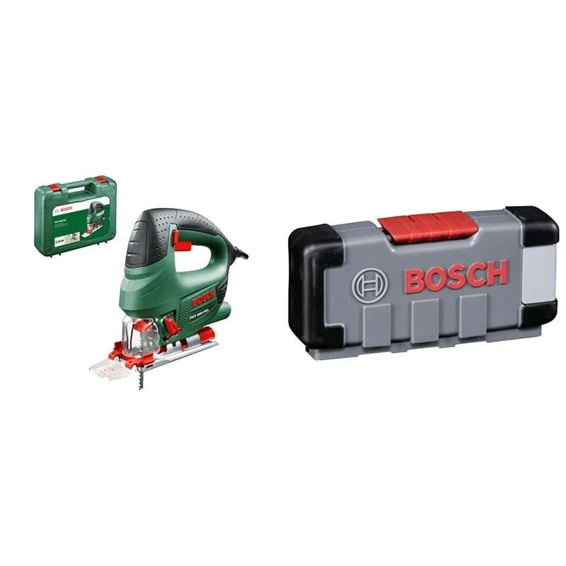 Bosch Home and Garden Jigsaw PST 800 PEL (530 W, in case) + 30-Piece Basic for Wood and Metal Jigsaw Blade Set (for Wood and Metal, Accessories for Jigsaws)
