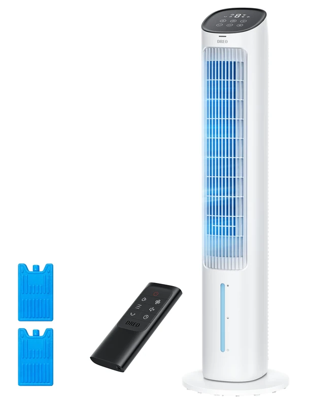 Dreo 40“ Evaporative Air Cooler, 35dB Silent Cooling Fan that Blow Cold Air, 80° Oscillating Bladeless Tower Fan for Bedroom, Removable Water Tank, Ice Packs, Remote Control, 4 Speed, 7H Timer, White