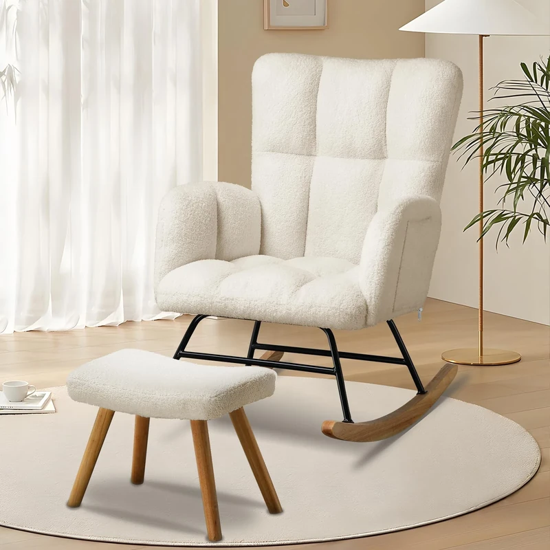 COMHOMA Rocking Chair with Footstool Comfy Teddy Fabric Nursing Armchair with High Backrest Lounge Chair for Adults Living Room Bedroom