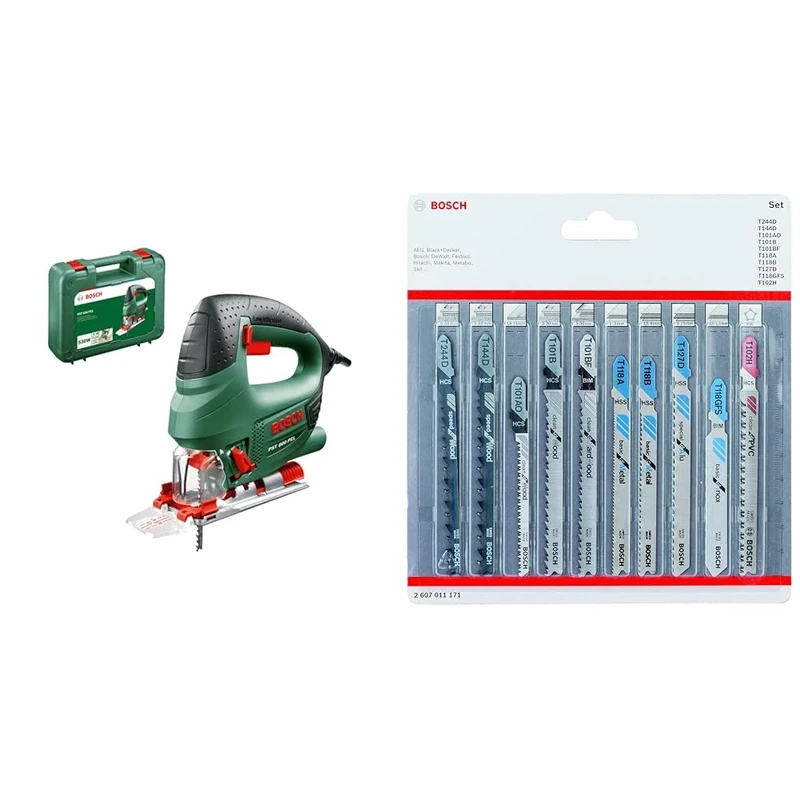 Bosch Home and Garden Jigsaw PST 800 PEL (530 W, in case) + 10-Piece Set Jigsaw Blades Set (for Wood and Metal, Accessories for Jigsaw with T-Shank mounting)