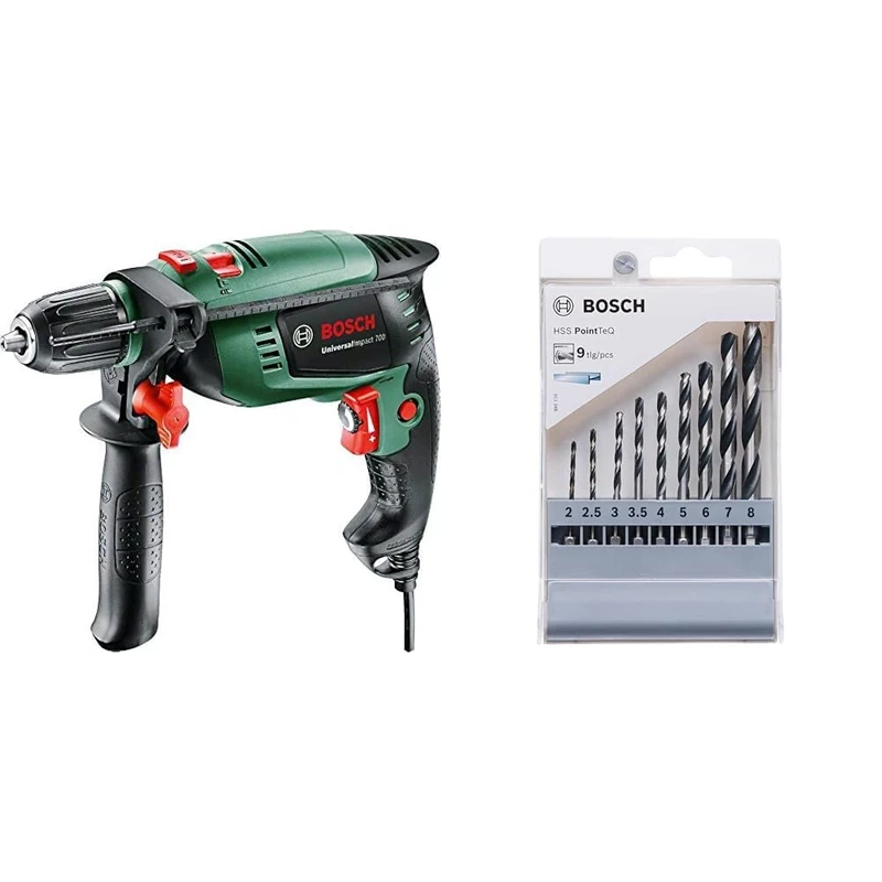 Bosch Home and Garden Hammer Drill UniversalImpact 700 (700 W, in Carrying case) + 9pc PointTeQ Hex Drill Bit Set (for Metal, Ø: 2-8 mm, Total Length: 60-117 mm, ¼’’ Hex Shank, Accessory)