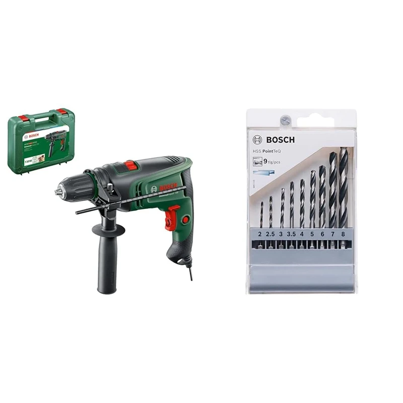 Bosch Home and Garden Electric Hammer Drill UniversalImpact 730 (Precision Drilling in Masonry, Wood Steel; Carrying Case)+9pc PointTeQ Hex Drill Bit Set (for Metal, Ø: 2-8 mm, Length: 60-117 mm, ¼’’)