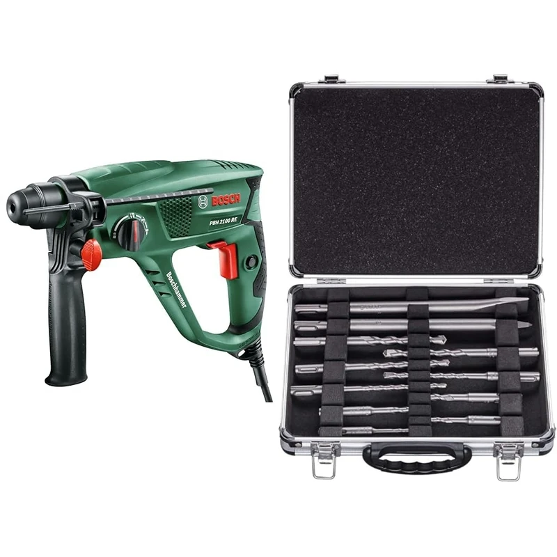 Bosch Home and Garden Rotary Hammer Pbh 2100 Re, 550 W, SDS Plus Chuck Fast, Keyless Accessory Changes, in Carrying Case + 11-Pcs SDS Plus Mixed Hammer Drill Bit and Chisel Set (for Concrete Masonry)