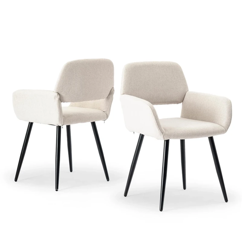 39F Furniture Dream Set of 2 Retro Vintage Dining Chairs Armchair Upholstered Fabric Seat Metal Legs for Kitchen Living Room Bedroom Office, Beige, 56x53x76.5cm