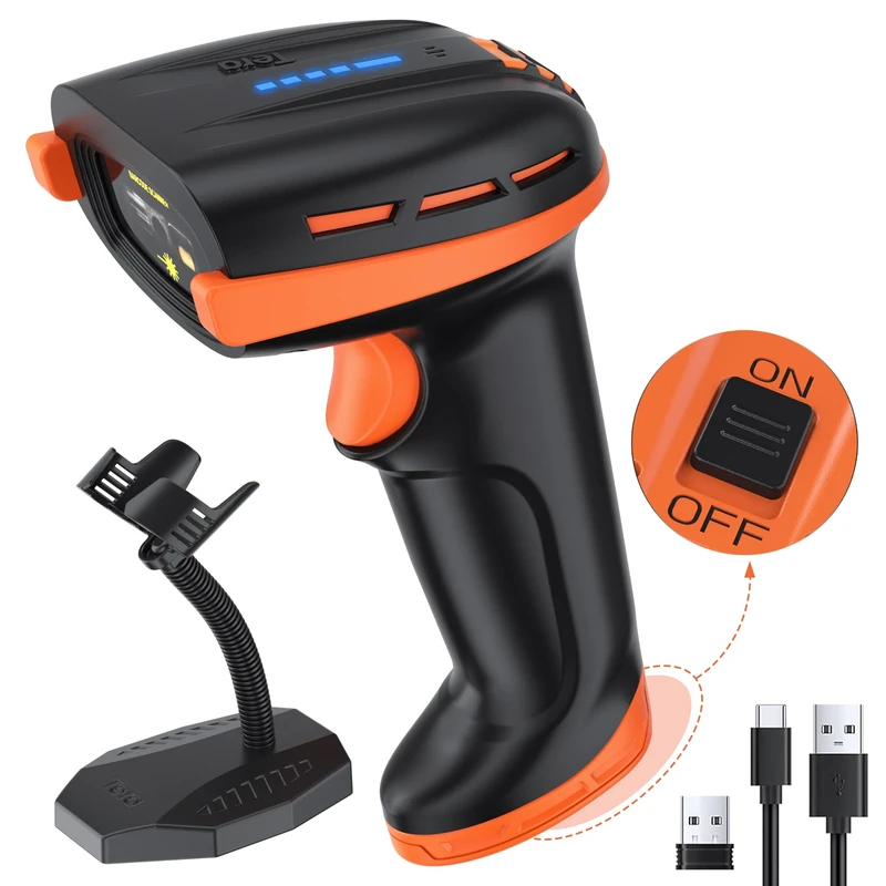 Tera 2D Barcode Scanner with Power Switch Battery Level Indicator Replaceable Battery Wall Mountable Stand 1D 2D QR Works with Bluetooth 2.4G Wireless USB Wired Bar Code Reader D6100