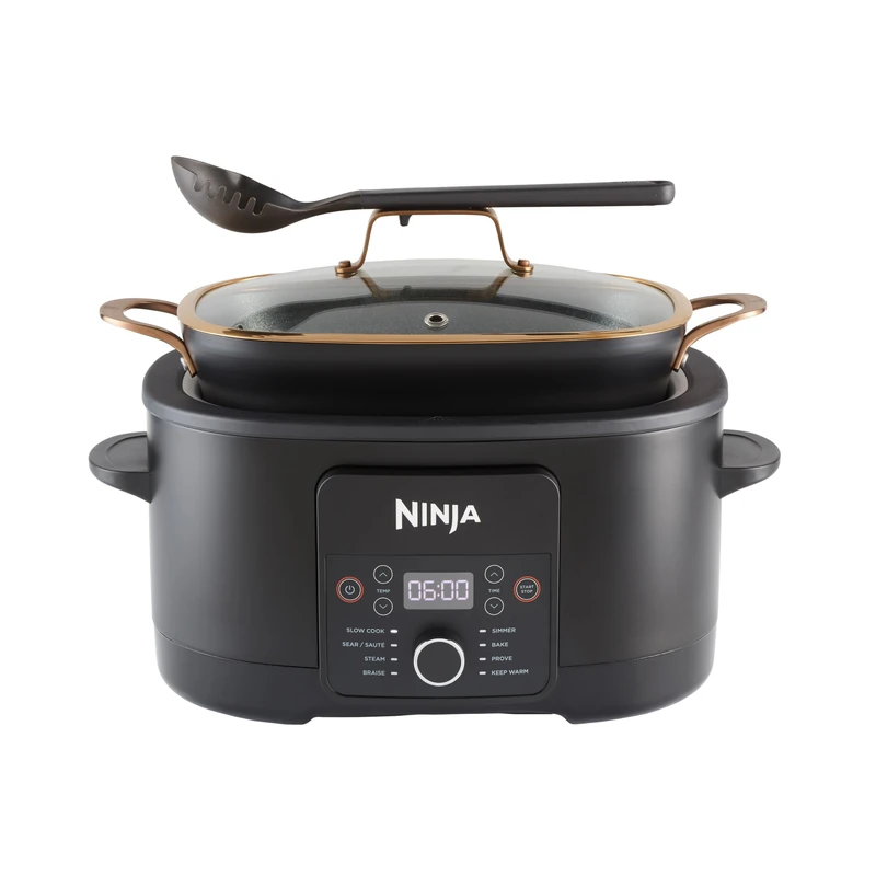 Ninja Foodi PossibleCooker, 8-in-1 Slow Cooker with Non-Stick Pot and Silicone Tongs, Steaming Rack, Integrated Spoon & Glass Lid, Slow Cook, Sear, Braise, Steam & more, 8L, Black/Copper MC1001UKCP