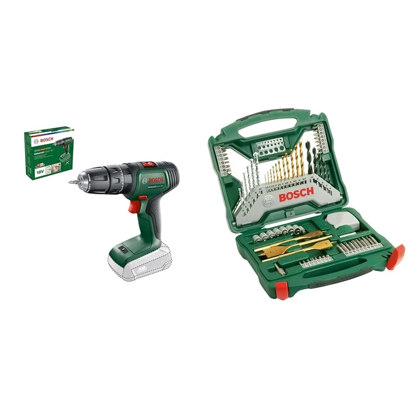 Bosch Home and Garden Cordless Combi Drill UniversalImpact 18 (without battery, 18 Volt System, in carton packaging) + 70-Pieces X-Line Titanium Drill and Screwdriver Bit Set (Wood, Masonry and Metal)