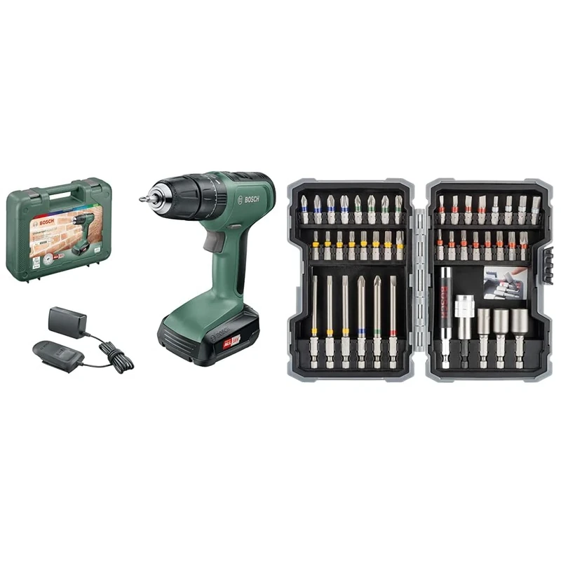 Bosch Home and Garden Cordless Combi Drill UniversalImpact 18 (1 Battery, 18 Volt System, in Carrying case) + 43-Piece Screwdriver Bit & Nutsetter Set (Drill Accessories)