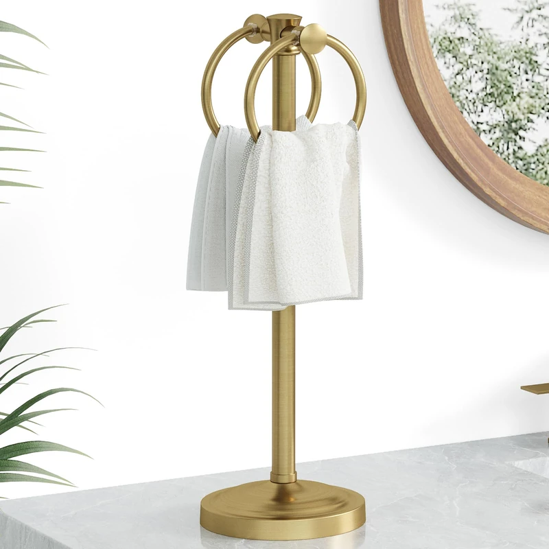 Hoimpro Free Standing Towel Rail Holder Brushed Gold Double Ring Towel Rack with Weighted Base, Oil Rubbed Bronze Towel Bar 16 Inch Tall for Bathroom and Countertops