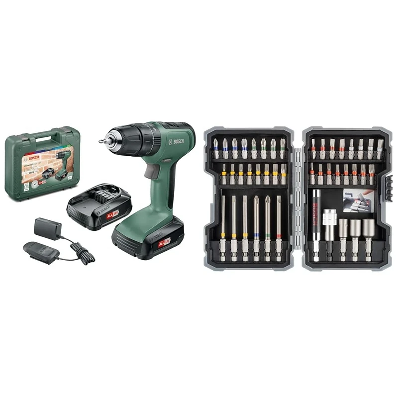 Bosch Home and Garden Cordless Combi Drill UniversalImpact 18 (2 Batteries, 18 Volt System, in Carrying case) + 43-Piece Screwdriver Bit & Nutsetter Set (Drill Accessories)