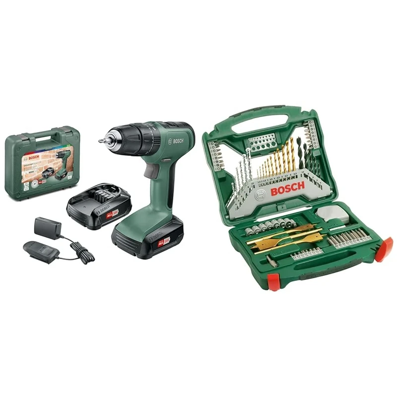 Bosch Home and Garden Cordless Combi Drill UniversalImpact 18 (2 Batteries, 18 Volt System, in Carrying case) + 70-Pieces X-Line Titanium Drill and Screwdriver Bit Set (for Wood, Masonry and Metal)