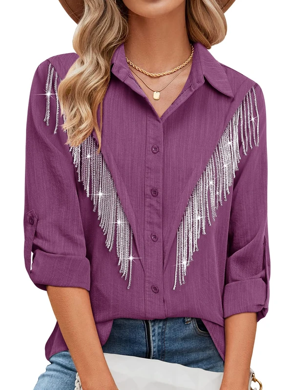 MYMORE Womens Rhinestone Fringe Button Down Shirt Rolled 3/4 Sleeve Sparkly Top Concert Nashville Western Cowgirl Outfit, I_Light Purple, XXL