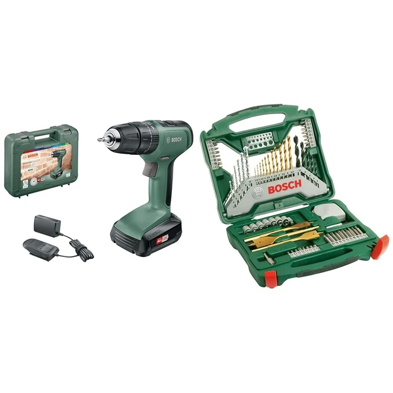 Bosch Home and Garden Cordless Combi Drill UniversalImpact 18 (1 Battery, 18 Volt System, in Carrying case) + 70-Pieces X-Line Titanium Drill and Screwdriver Bit Set (for Wood, Masonry and Metal)
