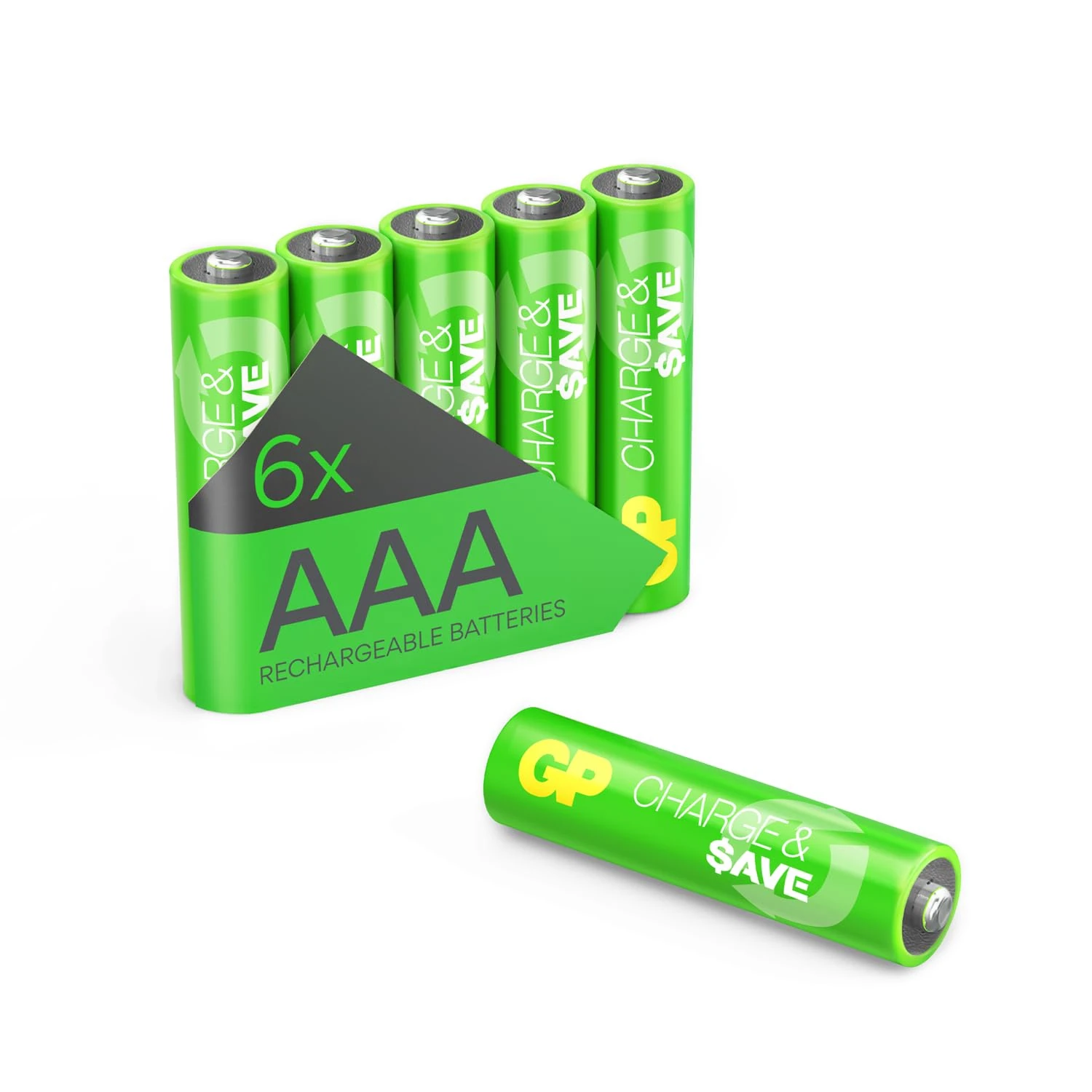 GP Charge & $ave AAA Rechargeable Batteries 650mAh - Pre-charged - Re-use 100+ times - Retains 80% charge after 12 months - Fast charging Rechargeable AAA Batteries - Pack of 6