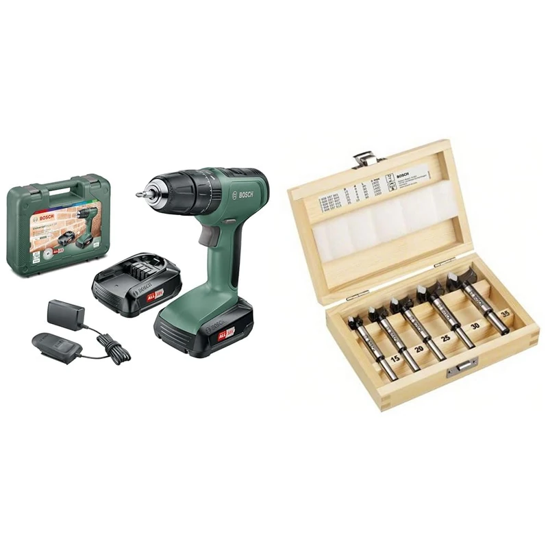 Bosch Home and Garden Cordless Combi Drill UniversalImpact 18 (2 Batteries, 18 Volt System, in Carrying case) + 5-Piece Tungsten Carbide Hinge Cutting bit Set (Ø 15/20/25/30/35 mm)