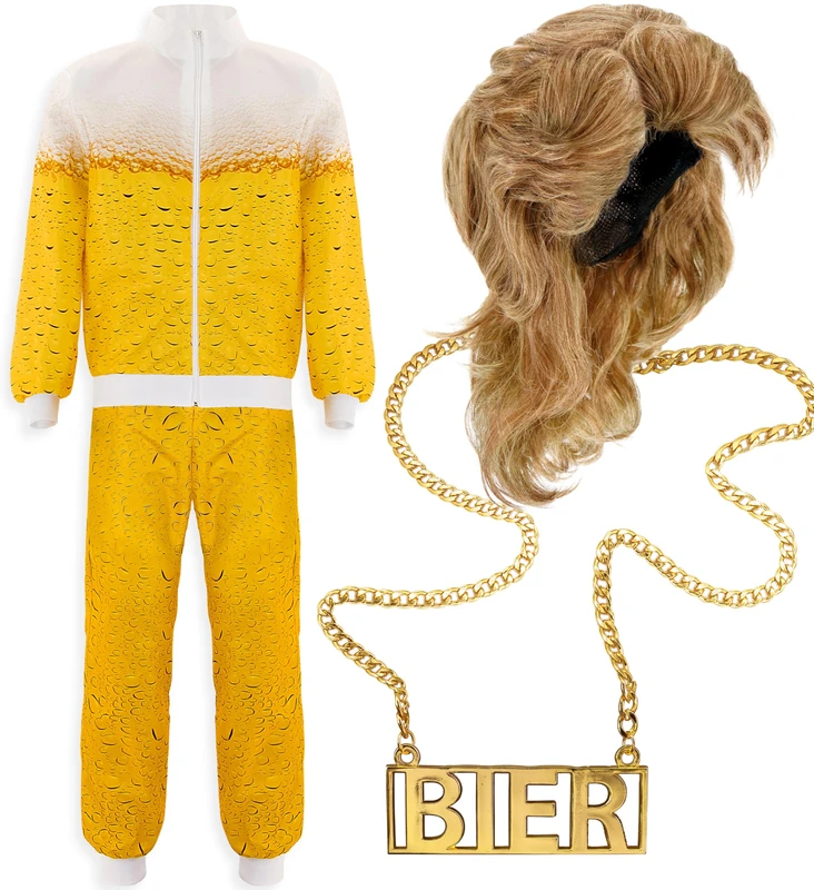 W WIDMANN MILANO Party Fashion 03142 Kostüm Set Trainingsanzug, Perücke, Bier-halskette Lovers Festival Costume, Tracksuit, Wig, Beer Necklace, Letter Pattern, Multicoloured, M - Image 1