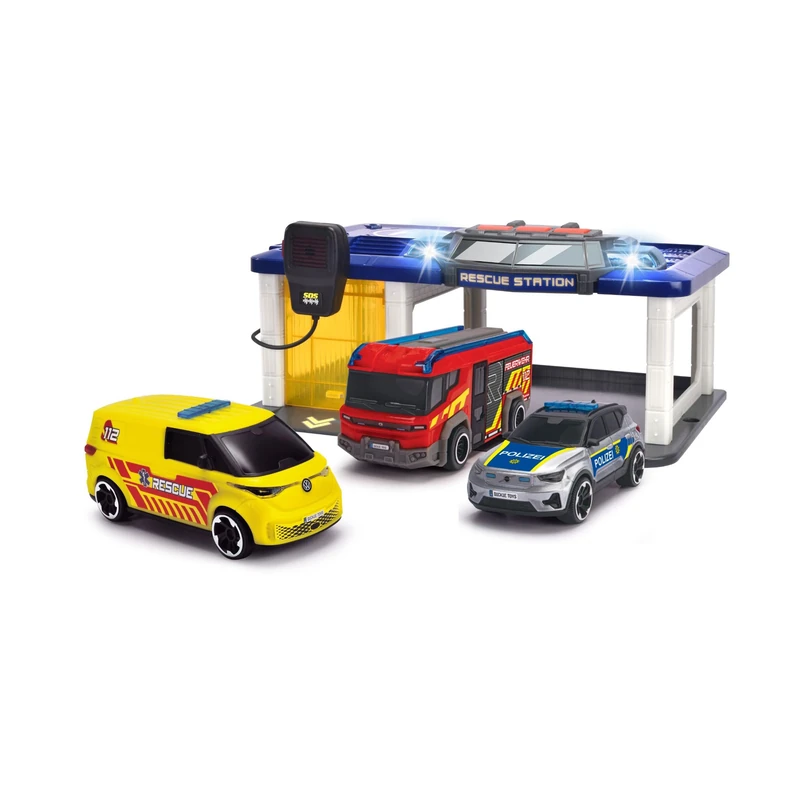 Dickie Toys - Rescue Car Station for Children from 3 Years (31 x 22 cm) with 3 Toy Cars (Police Car, Ambulance, Fire Engine), Fire Engine and Police Station with Light and Sound, Includes Batteries