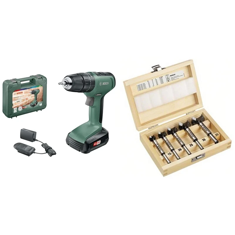 Bosch Home and Garden Cordless Combi Drill UniversalImpact 18 (1 Battery, 18 Volt System, in Carrying case) + 5-Piece Tungsten Carbide Hinge Cutting bit Set (Ø 15/20/25/30/35 mm)