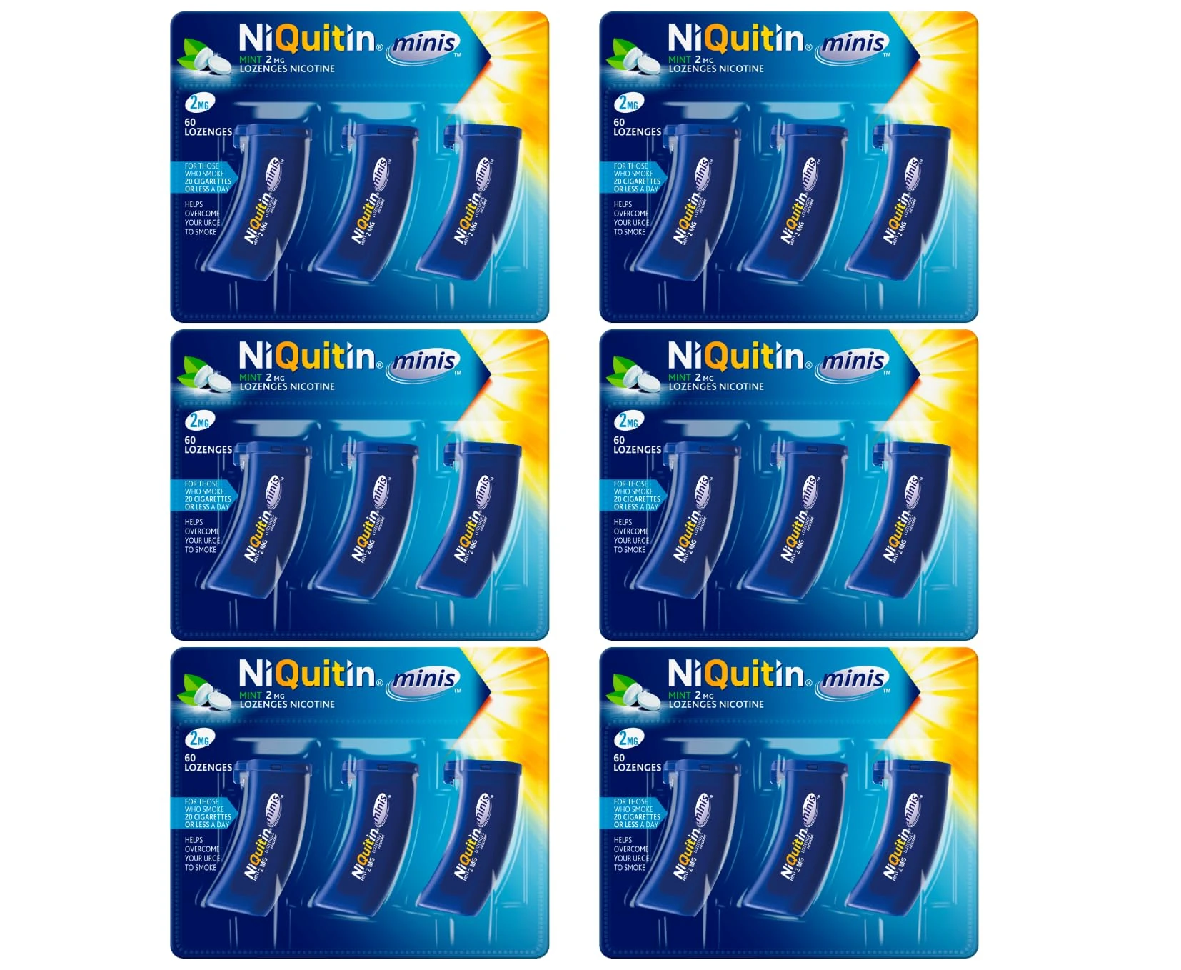 NiQuitin Minis 2mg Lozenge Bundle - 360 Mini Lozenges - 6 x 60 Count (Pack of 3 of 20 Each)- Effective Smoking Craving Relief - Practical Pocket Sized Container