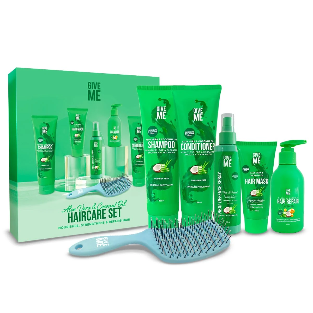 Give Me Cosmetics, Shampoo and Conditioner Sets, with Hair Mask, Heat Defence Spray, Repair Cream, Vent Brush, Sulphate, Silicone & Paraben Free, Aloe Vera & Coconut Oil, Haircare Gift Set for Women