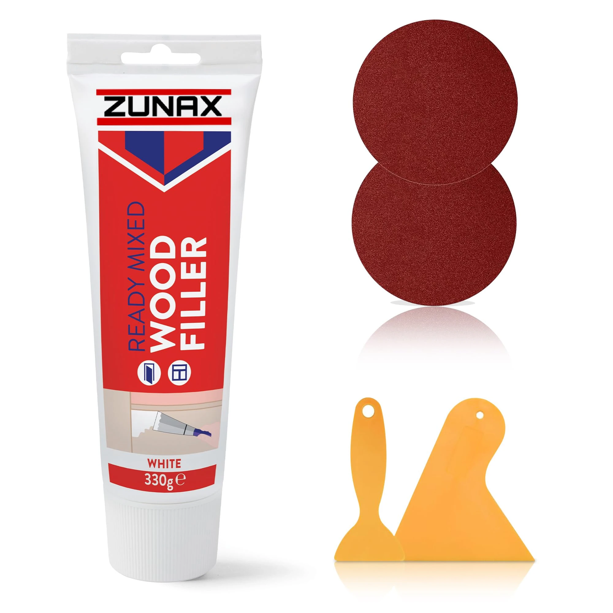 Multipurpose Ready Mixed Wood Filler White 330gm Tube with 2 Spreaders and 2 Sandpapers - 5pcs Wood Filler Set - Ideal for Interior and Exterior Hardwood and Furniture Repair(Packaging may vary)